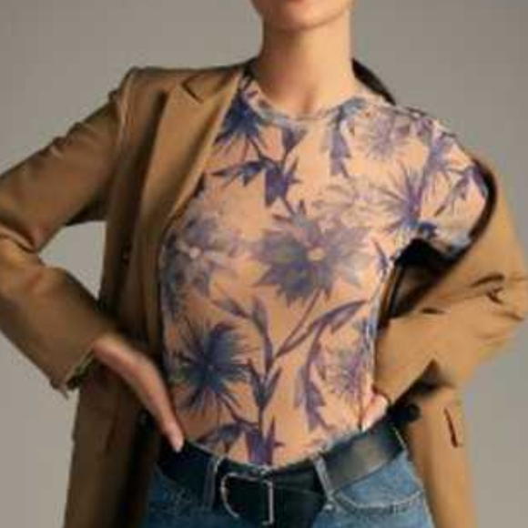Anthropologie, New, Porridge Mesh Blue Floral Half Sleeve Top, Size Medium - Picture 1 of 12